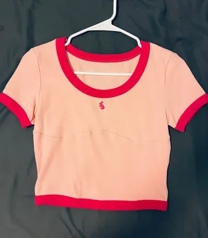 Pink Ribbed Crop Top with hot pink Trim thumbnail 1