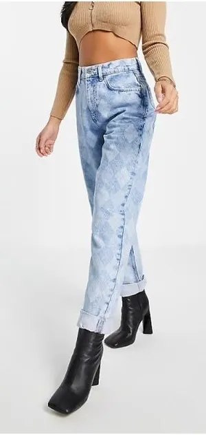 ASOS DESIGN High Rise Slouchy Mom Jeans Argyle Laser Print Light Wash 28x32 thumbnail 1