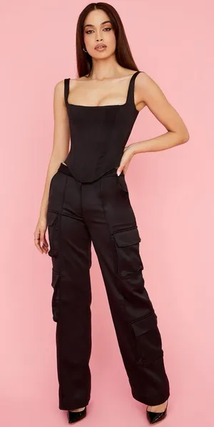 House of CB Black Satin Cargo Daria Straight Leg Trouser Pants Size Large Tall thumbnail 1