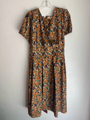 Timeless London 50's Caramel Brown Tropical Leaf Print Short Sleeve Pinup Dress thumbnail 4