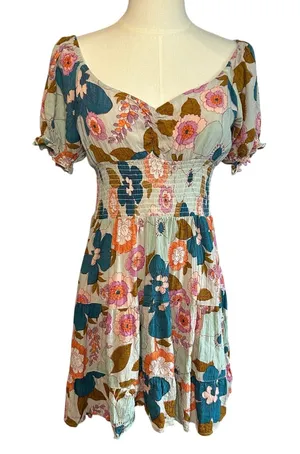 Angie Floral Smocked Boho Mini Dress Medium Cottage Indie Retro Rayon Festival thumbnail 1