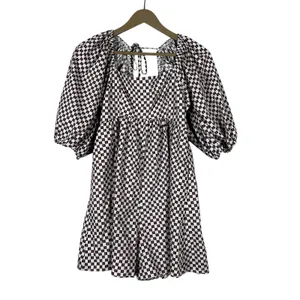 Abercrombie & Fitch Puff Sleeve Checkered Romper Burgundy Mod Retro Size M thumbnail 2