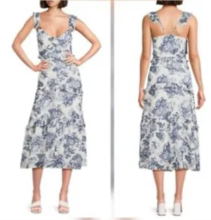O.P.T Blue White Ingrid Floral Ruffle V-Neck Sleeveless Tiered Midi Dress Sz XS thumbnail 2