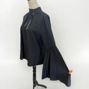 T Tahari Blouse Womens Size M Black Mock Neck Keyhole Large Bell Sleeve Chic thumbnail 14