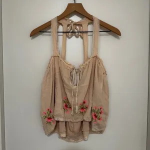 Free‎ People | Embroidered Floral Boho Beige Pink Lace Trim Tie Back Tank Top, M thumbnail 3