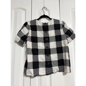 Madewell Top Buffalo Check Black White Button Back Cotton Linen XS Cottagecore‎ thumbnail 4