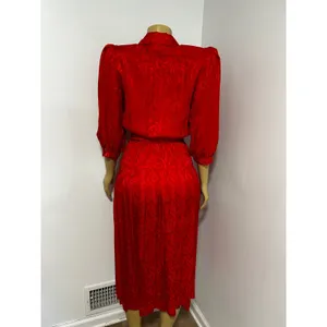 Argenti Vintage Red 100% Silk Jacquard Bow Belted Midi Dress Womens 6 thumbnail 8