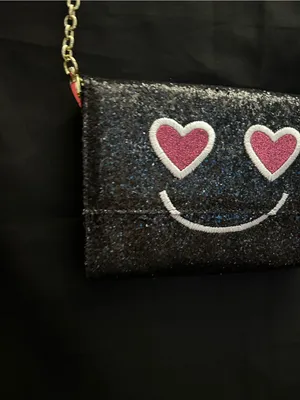 Betsey Johnson Black Glitter Heart-Eyes Crossbody Bag Striped Inside thumbnail 4