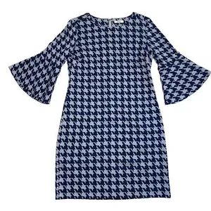 Tyler Boe Ponte Knit Bell Sleeve Blue Houndstooth Check Shift Dress Size S thumbnail 1