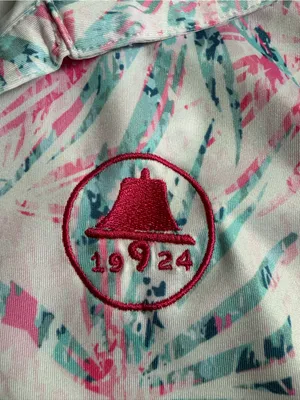 Yatta Golf Women’s M Pink Teal Tropical Palm Print Polo Shirt 19/24 Logo thumbnail 4