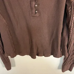 Lucky Brand Womens Brown Waffle Knit Henley‎ Top Cable Knit Sleeves Large boho thumbnail 3