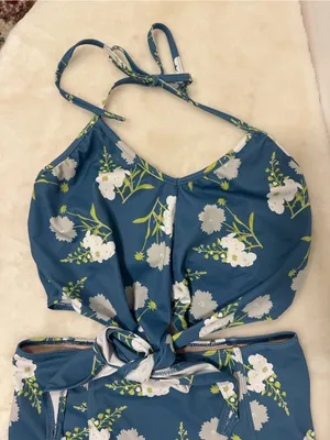 Kortni Jeane swimsuit Blue Floral Tie-Front high waisted two Piece swimmer thumbnail 2