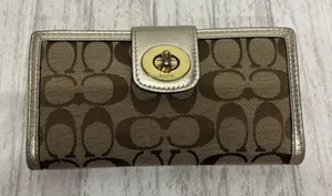 Coach turn lock Signature Brown Tan Gold Wallet With Insert thumbnail 1