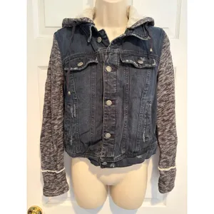 Free People Mixed Media Denim Jacket Knit Sleeves Hooded Distressed Dark Wash S thumbnail 2