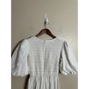 Dissh White 100% Linen Puff Sleeve Smocked Midi Dress Cottagecore Coastal US 6 thumbnail 10