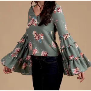 Altar'd State Boho Floral Bell Sleeve Blouse Small Sage Green Peasant Top thumbnail 1