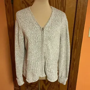Y2K Christopher & Banks Oatmeal Zip Cardigan L Ramie Cotton Knit Sweater thumbnail 5