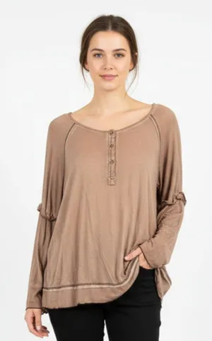 POL Tan Long Sleeve Casual Distressed Tee T Shirt L thumbnail 1