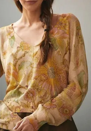 Anthropologie The Dreamer Floral Print Linen-Blend V-Neck Sweater Lightweight S thumbnail 1
