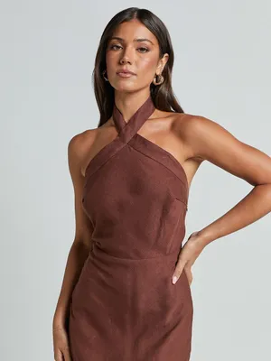 SHOWPO Maelynn Linen Twist Halter Neck Low Back Slip Dress In Chocolate thumbnail 7