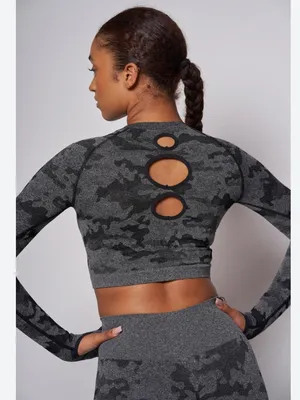 Gray Camo Long Sleeve Crop Top with Back Cutouts thumbnail 2