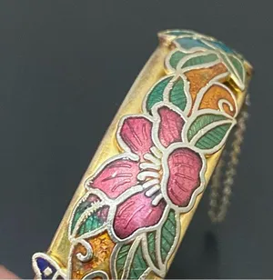 Vintage Unsigned Gold-tone Floral Flower Cloisonne Hinged Bangle Bracelet 36.2g thumbnail 12