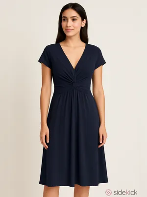Three Dots EM595 Flutter Sleeve V-Neck Midi Dress Navy Blue Medium Twist Frontl thumbnail 2