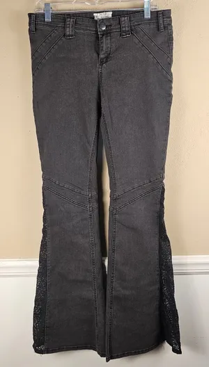 Free People Womens Washed Out Black Lace Inset Flare Jeans‎ 31 thumbnail 1