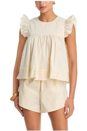 NWT Aqua Crop Cotton Cropped Babydoll Poplin Flutter Top Ivory Off White XS thumbnail 1
