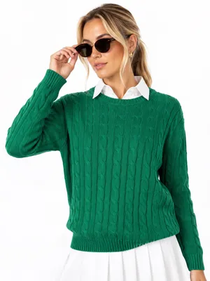 Cable Knit Crewneck Sweater Green Size L thumbnail 1