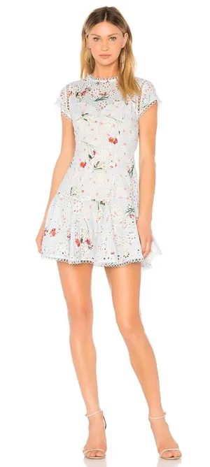 Aijek Revolve Eyelet Blue Floral Peplum Preppy Mini Skater Dress Size Small thumbnail 1