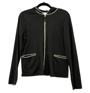 Max Studio Knit Stretch Hoodie Black Ivory Contemporary Zip Up Womens Large L thumbnail 1