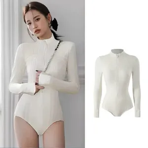 White Zip Front Long Sleeve One Piece Swimsuit Bodysuit Fits S‎ thumbnail 2