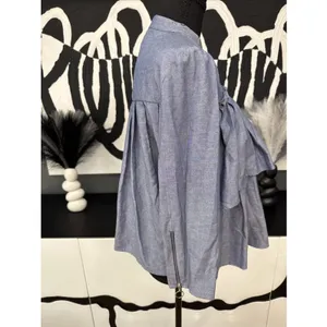 Zara Basic Chambray Ruffle Button Front Blouse Women’s XS Blue Long Sleeve EUC thumbnail 6