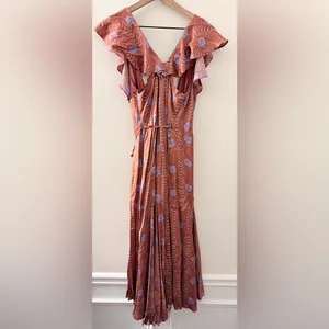 Anthropologie Ruffle Sleeve Printed Wrap Maxi Dress brown cornflower S thumbnail 5