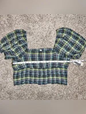 BP Plaid Square Neck Smocked Crop Top Blouse 1X Green Blue Black NWT Plus Size thumbnail 7