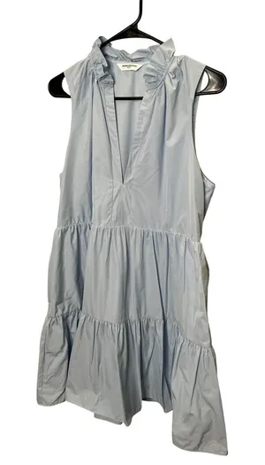 Amanda Uprichard Light Blue Ruffle Neck Tiered Sleeveless Babydoll‎ Mini Dress L thumbnail 1