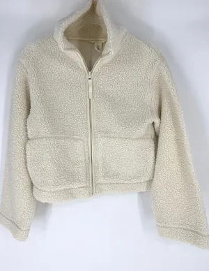 H&M Cream Teddy Fleece Zip Up Jacket Faux Fur Cropped Pockets S‎ thumbnail 1