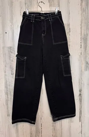 Almost Famous Black Wide Leg Contrast Stitch Cargo Pants Womens Medium Elastic W thumbnail 1