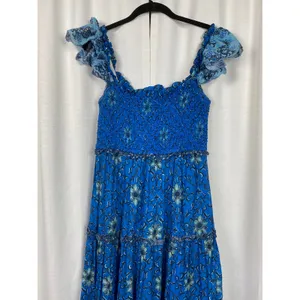 Love The Label Blue Floral Gaya Flutter Sleeve Cotton Tiered Maxi Dress Sz.M thumbnail 4