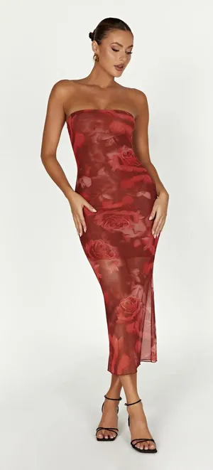 Meshki Aphrodite Strapless Mesh Dress Red Rose Floral Print Midi Bodycon Size XS thumbnail 1