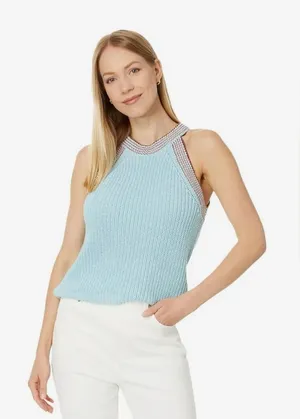 Madewell blue knit crochet halter top with open shoulders in size medium thumbnail 1