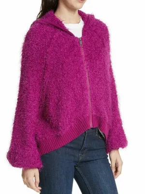 Free People Furry Time Fuchsia Hooded Zip Jacket Fuzzy Boucle Size M thumbnail 1