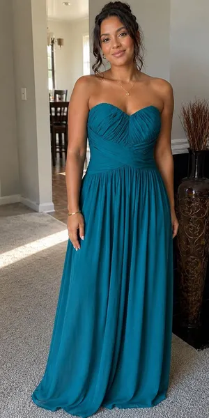 Dessy collection by Vivian Diamond Strapless Teal Chiffon Evening Dress thumbnail 1