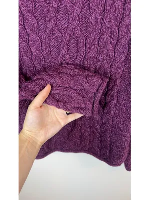 Aran Sweater Market 100% Merino Wool Cable Knit Cowl Neck Purple Sweater M thumbnail 4