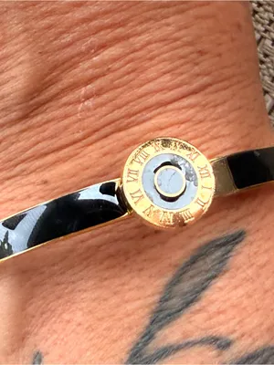 Black Round Roman Gold Tone Stainless Steel Hinge Bangle Cuff thumbnail 9