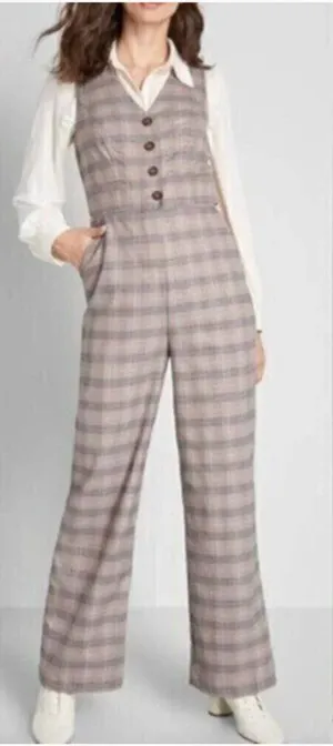 NEW NWT MODCLOTH Plaid Appeal Vest Jumpsuit Tan Brown Blue Sleeveless Retro 70s thumbnail 1