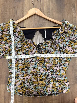 Free People Mabel Printed Blouse Black‎ Multi Floral Ruched Puff Sleeve Medium thumbnail 4