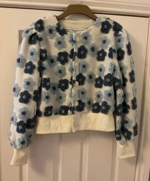 Ladies Fleece Button Fronted Cardigan Blue Floral Size L thumbnail 1
