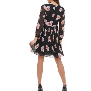 Tommy Hilfiger Women's Size 2 Floral Chiffon Dress Black Pink Floral Long Sleeve thumbnail 2